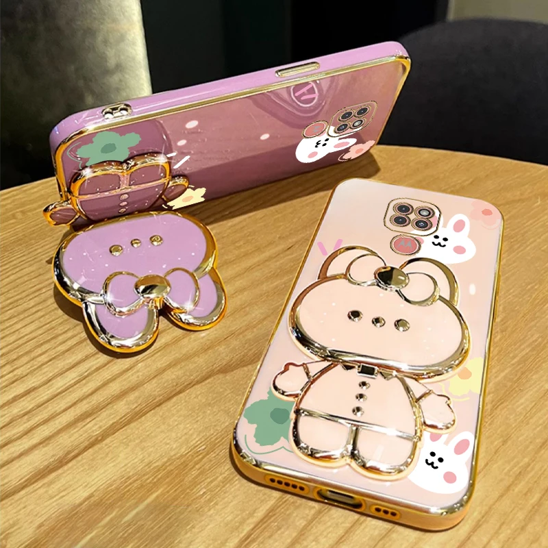 G 9 Flower Strap Makeup Mirror Rabbit Phone Holder Case On For Motorola Moto G9 Play MotoG9 G9Play MototolaG9 Girl Stand Cover