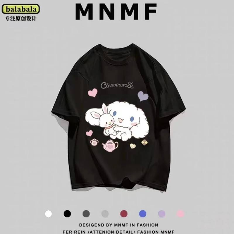 Camiseta de algodón para niñas, Tops informales de media manga, holgados, dibujos animados, Kawaii, Cinnamoroll, Verano