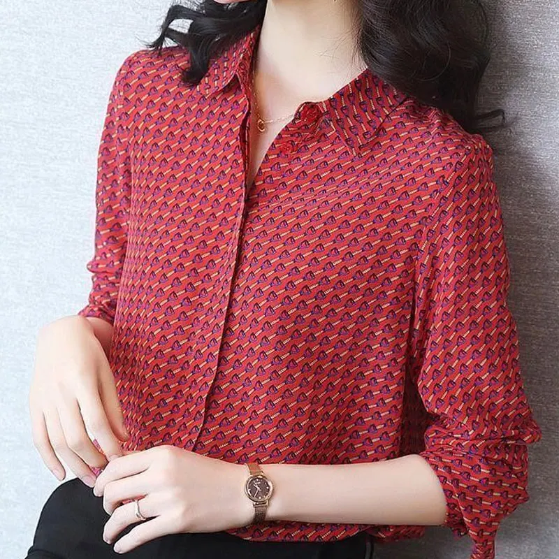 Fashion Broken Flowers Casual Blouse Commute Turn-down Collar Single-breasted Female Spring Autumn Korean Loose Straight Shirt