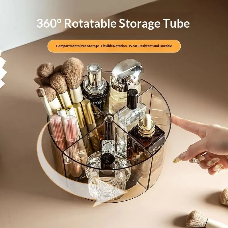 360° Rotating PET Cosmetic Storage Box, 4 Grids Compartment Makeup Organizer For Dresser &Countertop