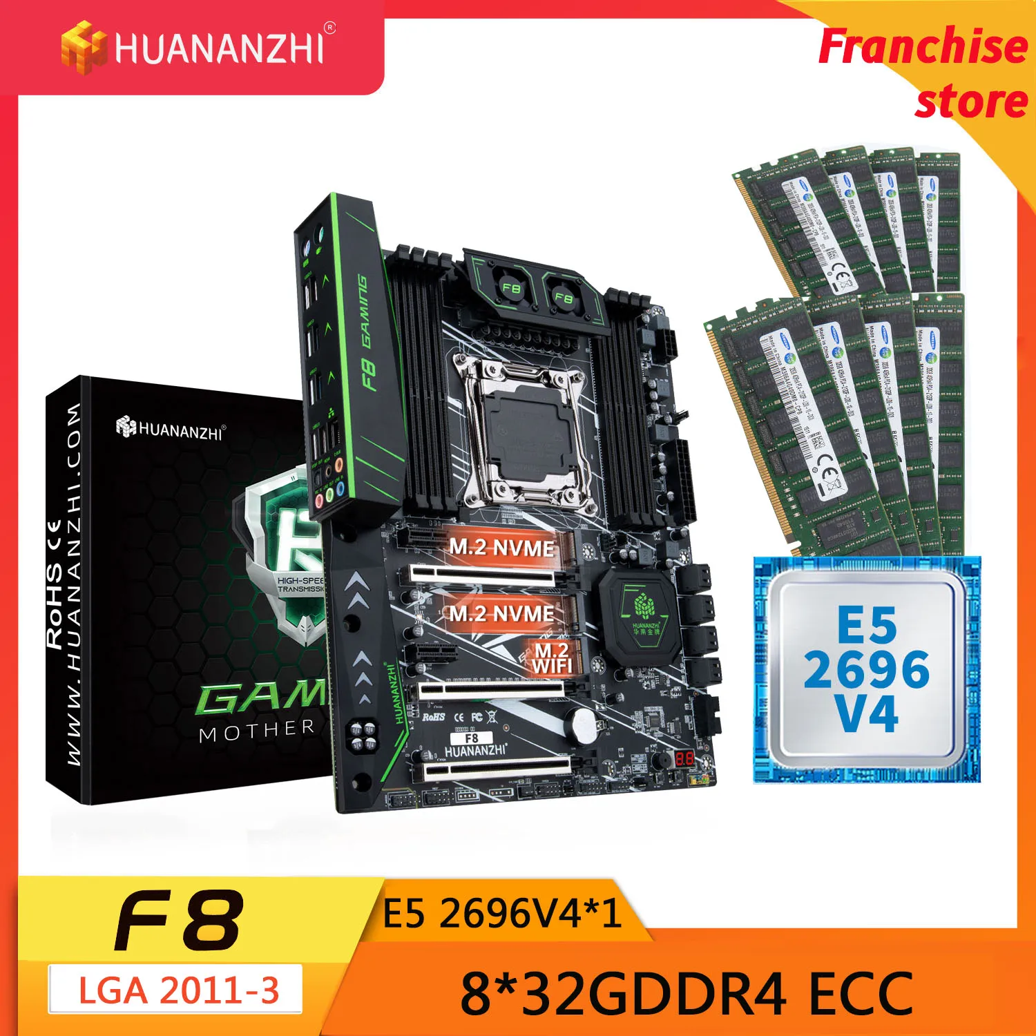 

HUANANZHI-placa base X99 F8 LGA 2011-3 XEON X99, con Intel E5 2696 V4 con 8x32G DDR4, kit combinado de memoria de NON-ECC, NVME