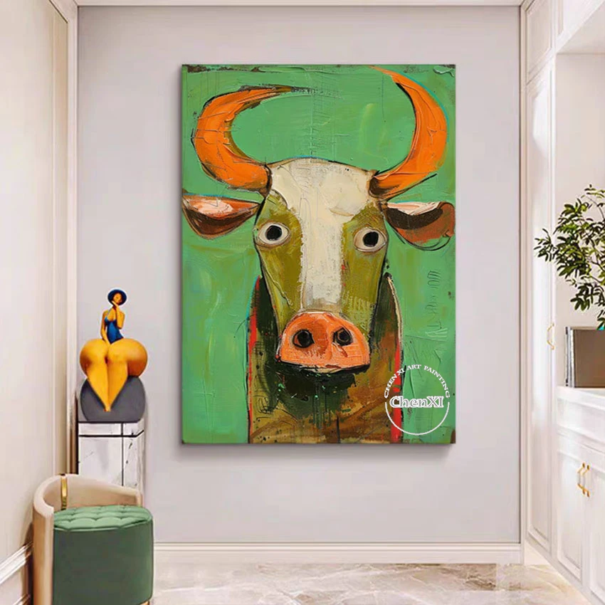 

Children Bedroom Decor Cow Canvas Oil Painting Cartoon Animal Picture Art Unframed Hand-painted Cute Poster On Cavas