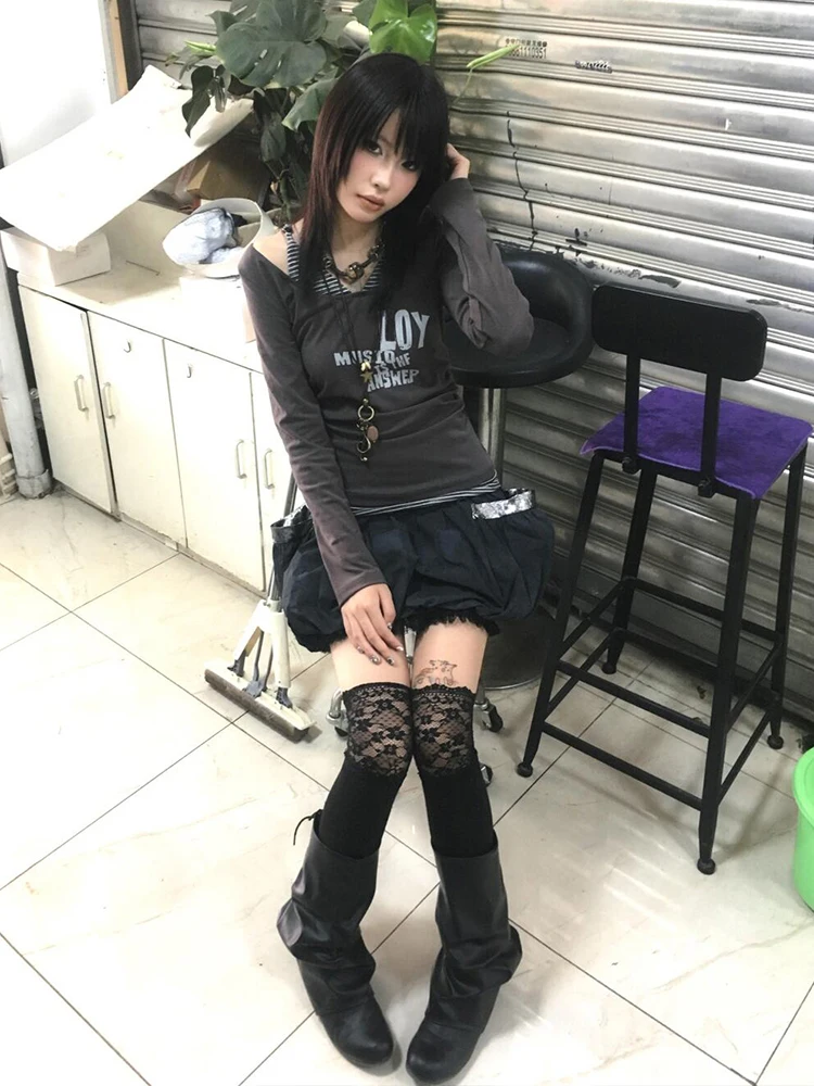 Genayooa Y2k Japanese T Shirt Women Patchwork Fake Two Pieces Tops Streetwear Vintage Grunge Graphic Tops Autumn American Retro