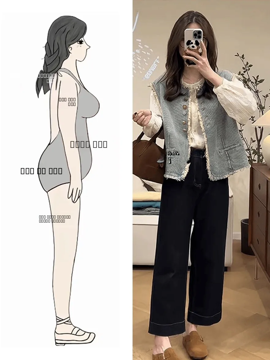 

Осенний модный комплект 2024: корейский дизайн, джинсовый жилет, широкие джинсы, футболка, комплект из трех предметов, женский ансамбль больших размеров