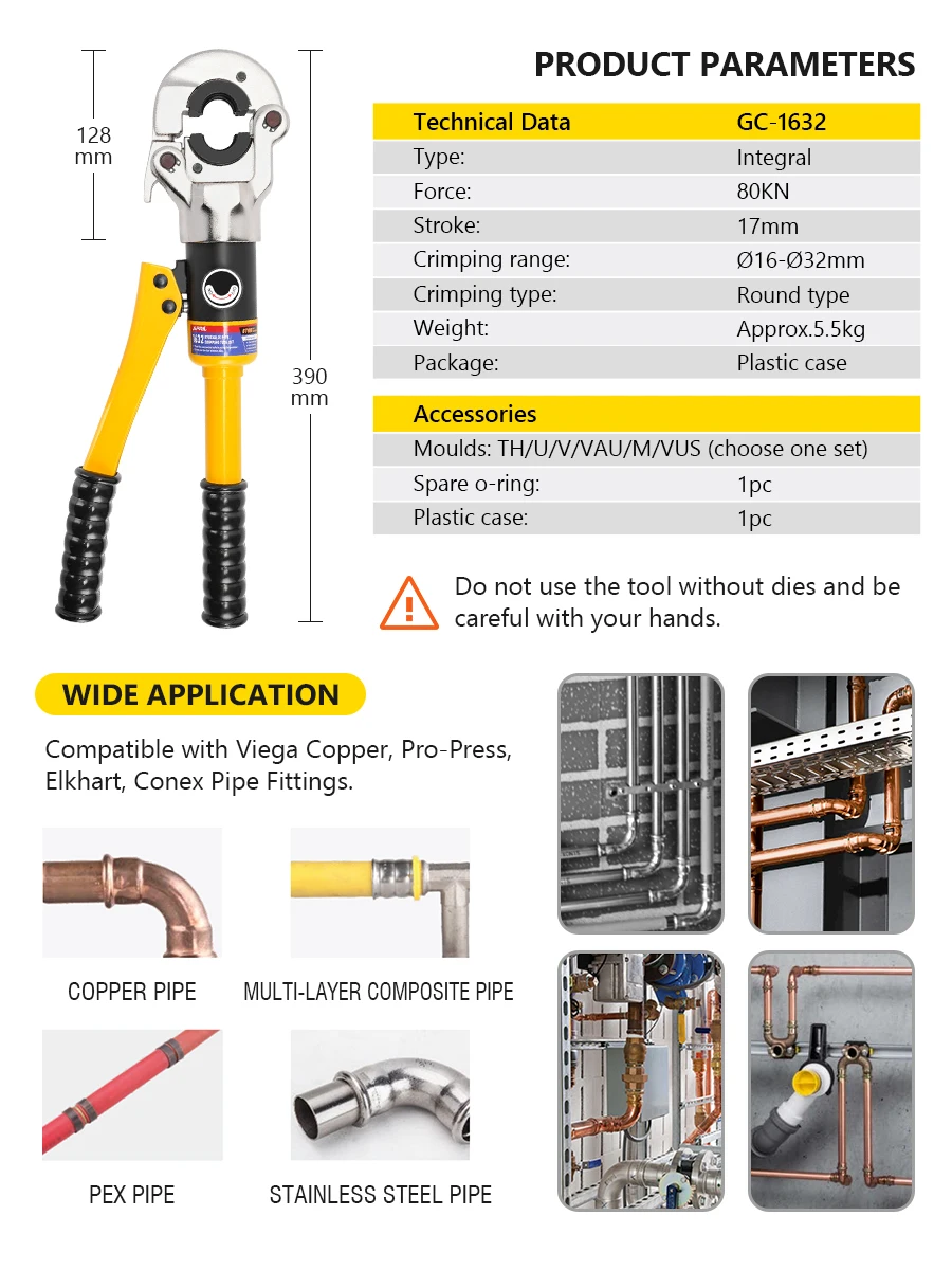 TH Type Hydraulic Pex Pipe Aluminum Plastic Pipe Tube Crimping Tool GC-1632 Floor Heating Pipe Plumbing Tools