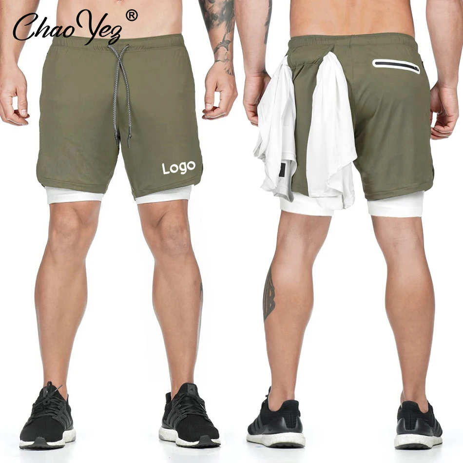 Custom Logo Summer Men's Running Shorts 2-in-1 Double Layer Quick Drying Gym Fitness Jogging Training Sports Casual Shorts