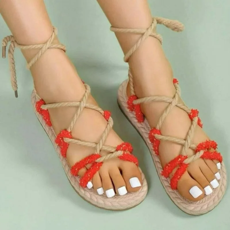 2023 Summer New Women Roman Sandals Retro Braided Rope Round Toe Open-toed Ladies Shoes Casual Non-slip Flat Beach Sandals