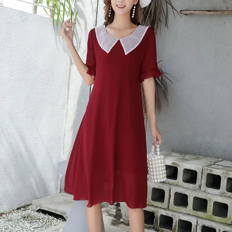 

Korean Gauze Peter Pan Collar Dresses Women's Clothing A-Line Waist Basic Solid Color Summer Short Sleeve Ruffles Midi Dress New