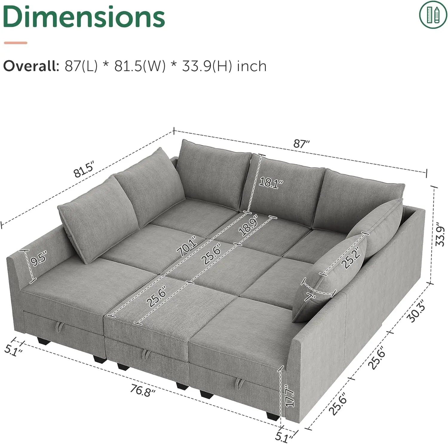 Modular Sectional Sofa with Storage, Sleeper Sectional Modular Sectional Couch for Living Room, Grey