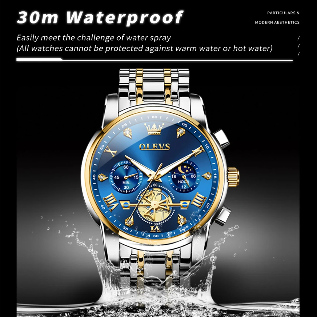 Деловые кварцевые часы OLEVS 2856 с круглым циферблатом, ремешок из нержавеющей стали, хронограф