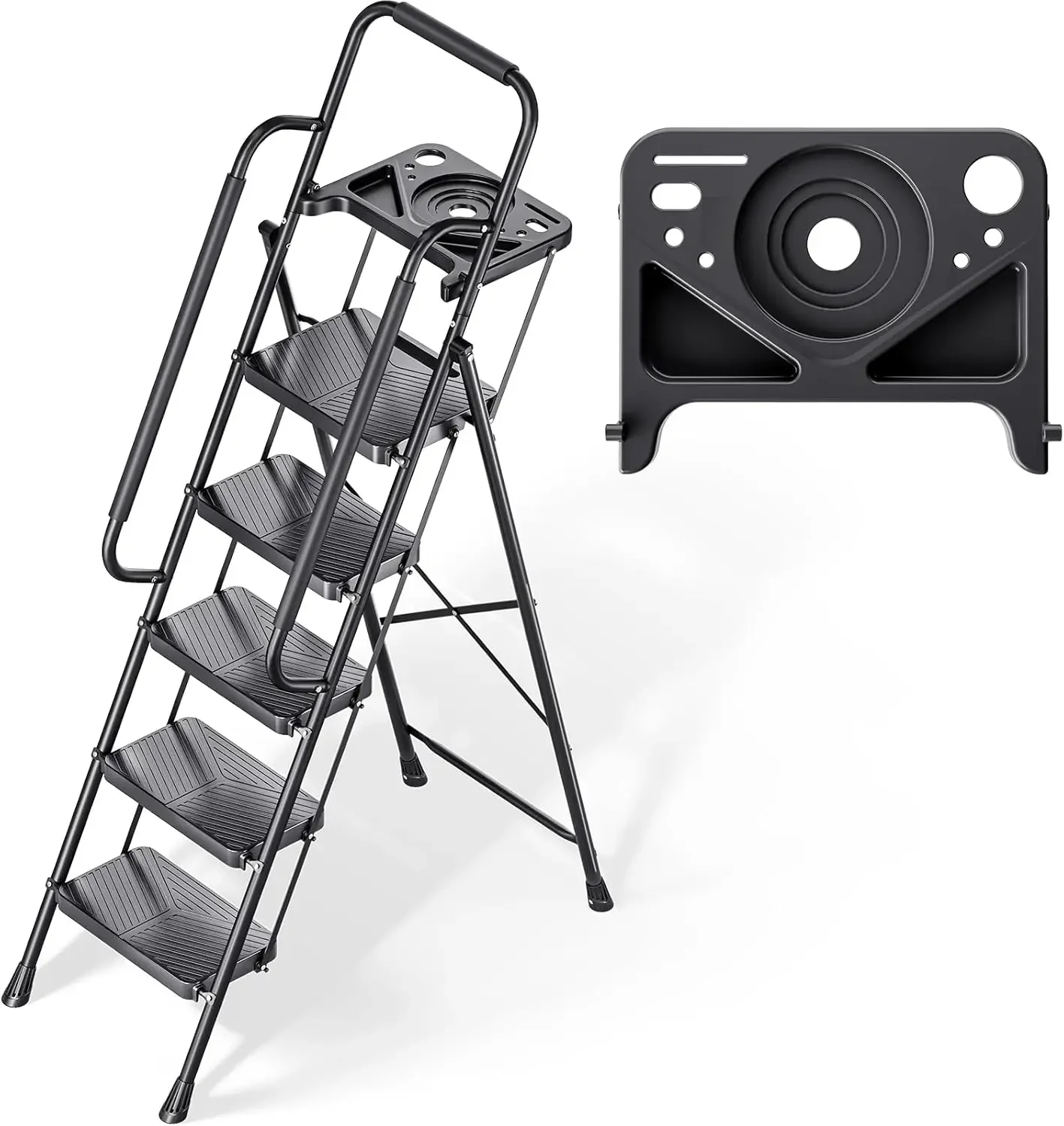 

5 Step Ladder, Folding Step Stool with Safe-Lock Design, 500 lbs Sturdy Steel Ladder with Tool Platform, Wide Anti-Slip Pedal, C