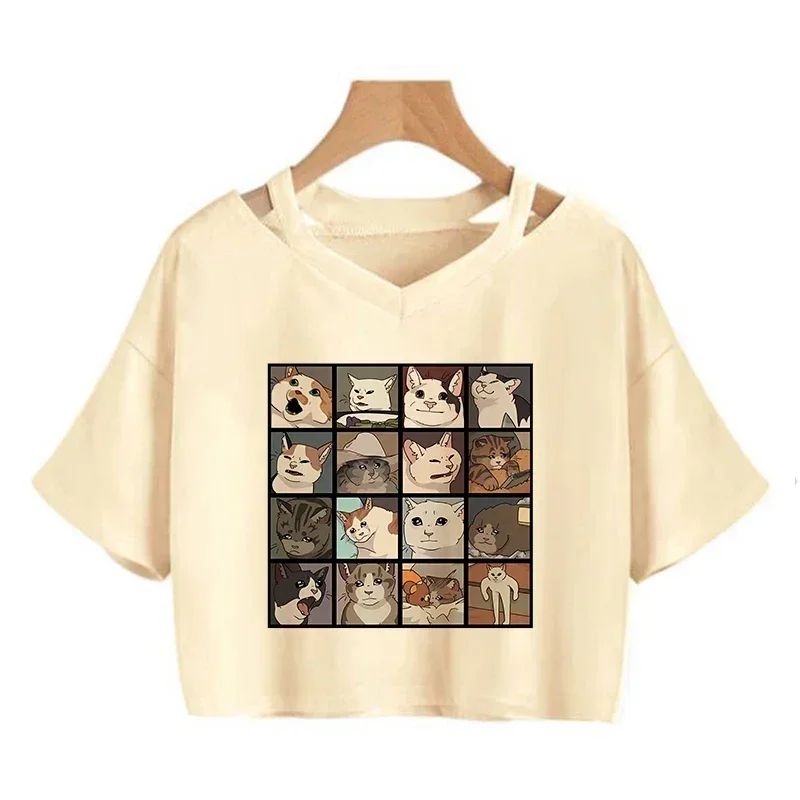 Cropped Aesthetic Y2k 90s Funny Cute Cat T Shirt Women Crop Top Shirt Harajuku Graphic Ulzzang T-shirt 90s Tshirt Top Tee Female