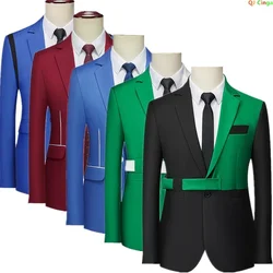 Two Color Blocking Suit Jacket, Men's Single-button V-neck Slim Dress Coat, Korean Style Young Boys Blazers, Red Gray Blue M-3XL