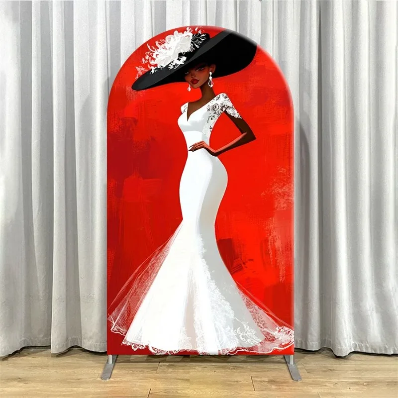 Single Side Arch Backdrop Cover Elegant Red Arch Background with Vintage Bride in White Lace Gown and Black Hat Surrounded by - view 5