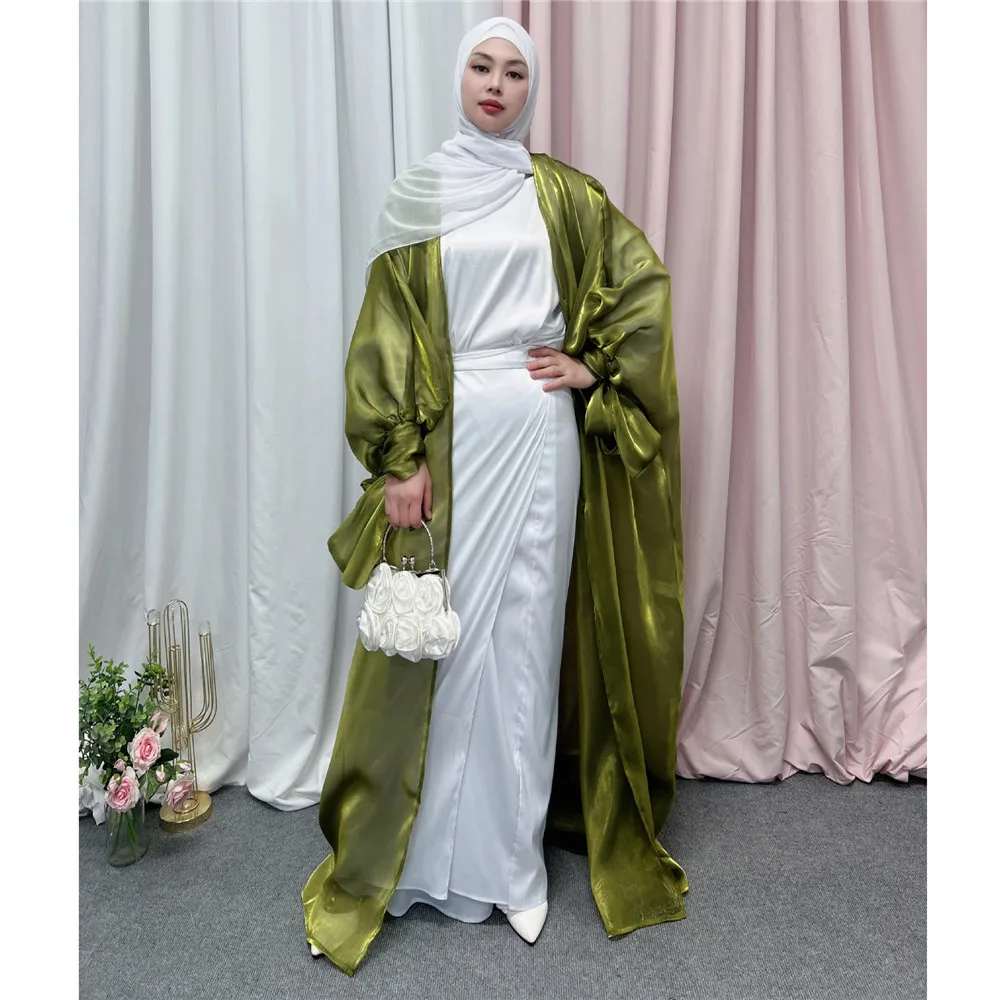 Shiny Satin Open Abaya Dubai Kaftan Women Muslim Kimono Cardigan Islamic Puff Sleeve Caftan Maxi Dress Robe Gown Turkey Jalabiya