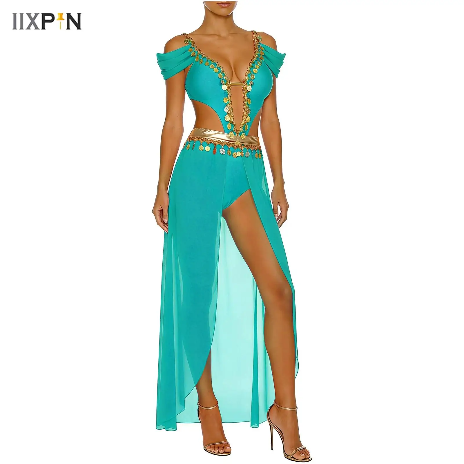 

Женское боди для танца живота, платье с блестками и кисточками, вырез с V-образным вырезом, открытая передняя часть, шифоновый подол, встроенные шорты, платье, костюм для индийского танца