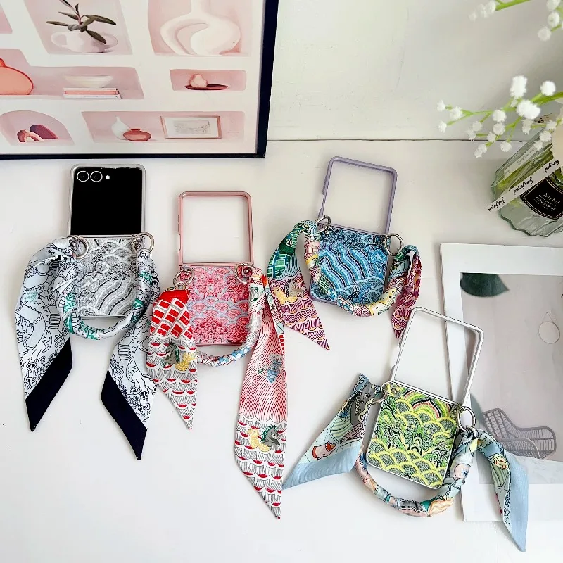 Popular Design Slim Shockproof  Case For Samsung Galaxy Z Flip 7 FE 6 5 4 Auspicious Clouds Embroidery Silk Scarf Bracelet Cover