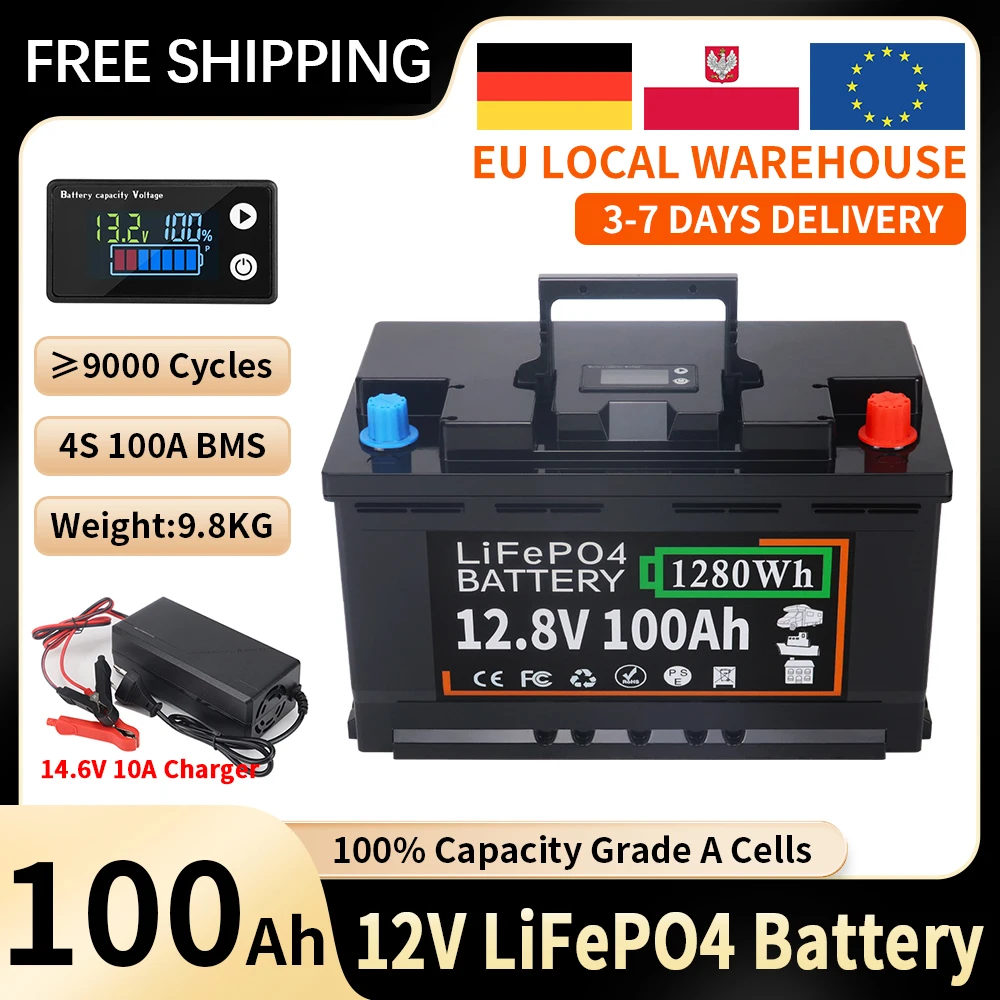 12V 100AH 150AH LiFePO4 Batteria incorporata BMS al litio ferro fosfato 9000 cicli per camper camper carrello da golf solare con caricabatterie