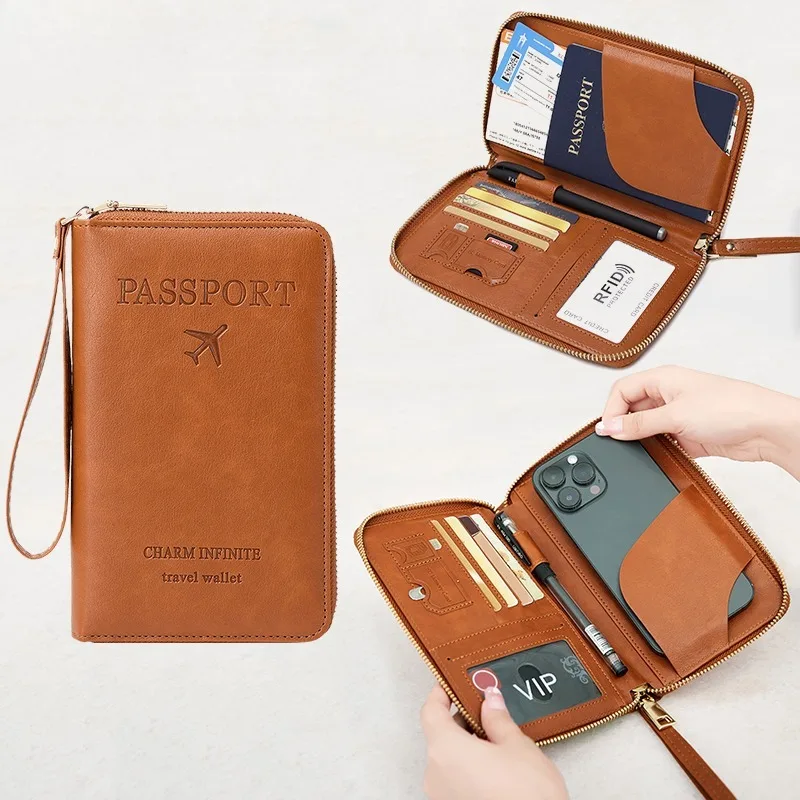 RFID Blocking Passport Holder, Travel Wallet, Ticket, Credit Card Bag, Multifunctional Zipper Wallet with Wrist Strap, Fashion