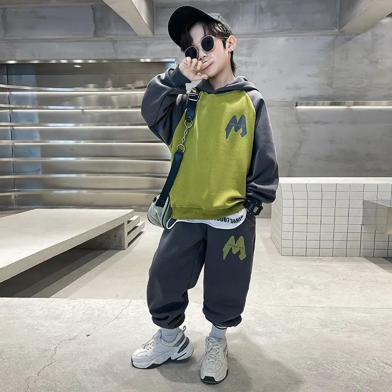 

Teens Boys New Spring Autumn Leisure Sports Suits Kids Fashion Tide Loose Letter Hooded Top +Pants 2pcs Sets Children Clothing