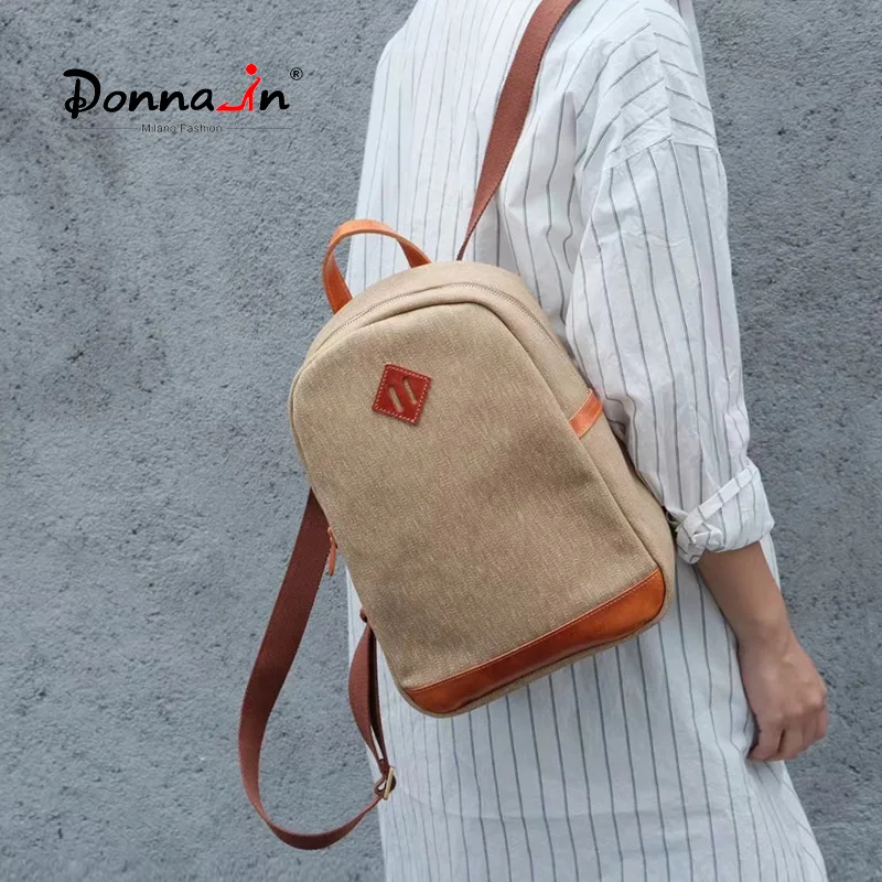 

Donnain Niche Design Mini City Backpack Women Swiss Salt and Pepper Canvas and Natural Calfskin Vegetable Tanned Leather Bag