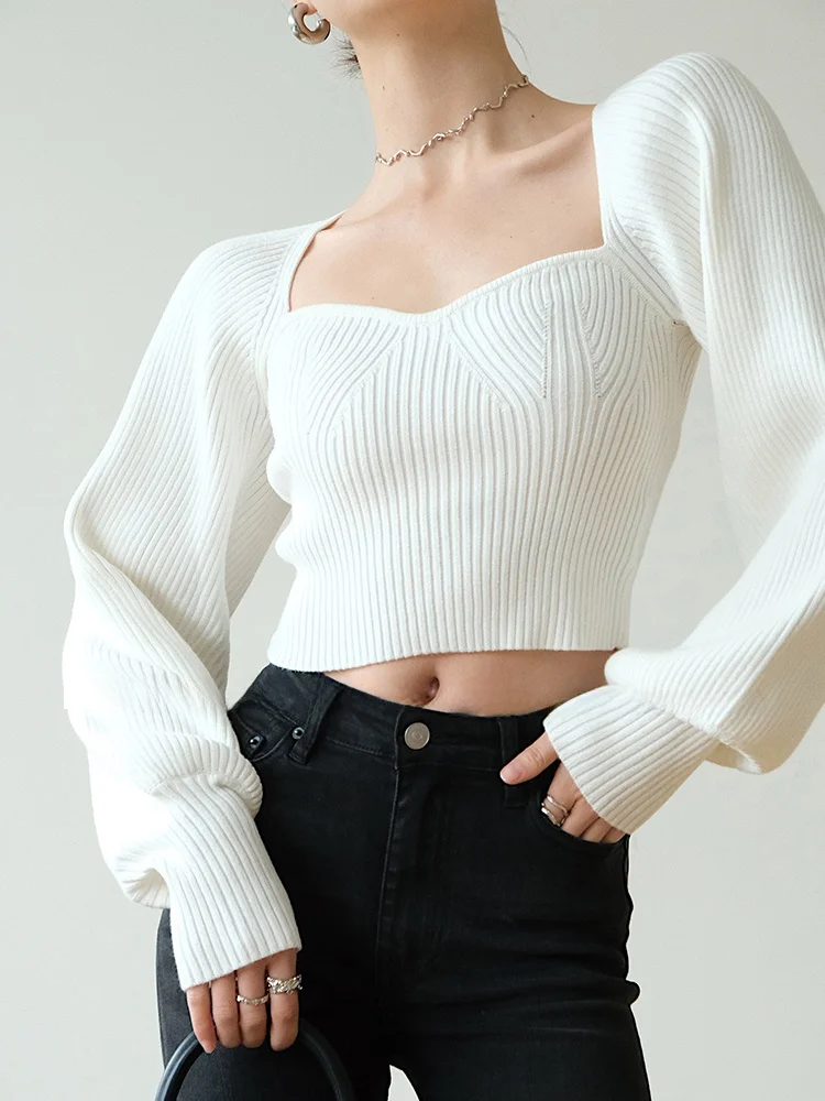 

ROEYWANG Knitted ort Bubble Sve Base irt Square Collar Rib Bone Top Sexy Korean Sle Cotton Blend T-irt
