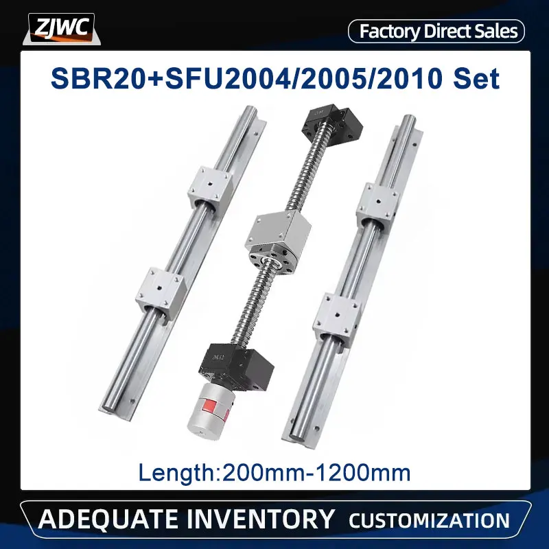 

2pcs SBR20 Linear Rail+SFU2005 Ball Screw 200-1200mm+2005 Nut+BKBF15 End Support+Coupling+2005 Nut Housing+4pcs SBR20UU For XYZ