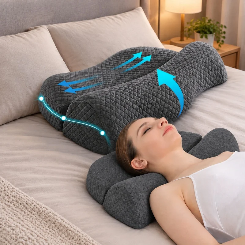 Contour-shaped pillow designed for neck and shoulder alignment to enhance posture and promote restful sleep