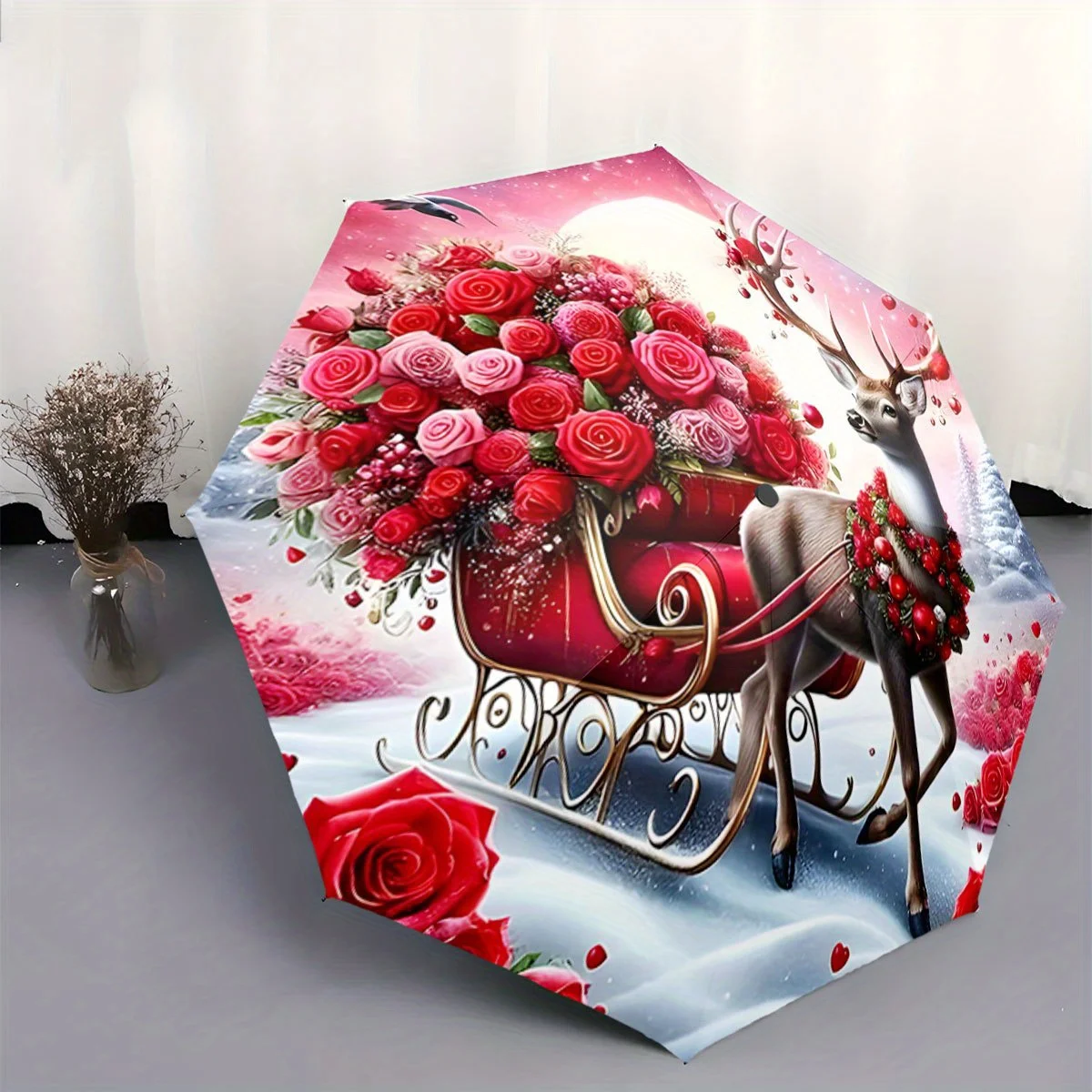 

Automatic Folding Umbrella with Reindeer Sleigh & Red/Pink Roses - Portable Collapsible Design, 8-Rib Durable Frame, All-Seaso
