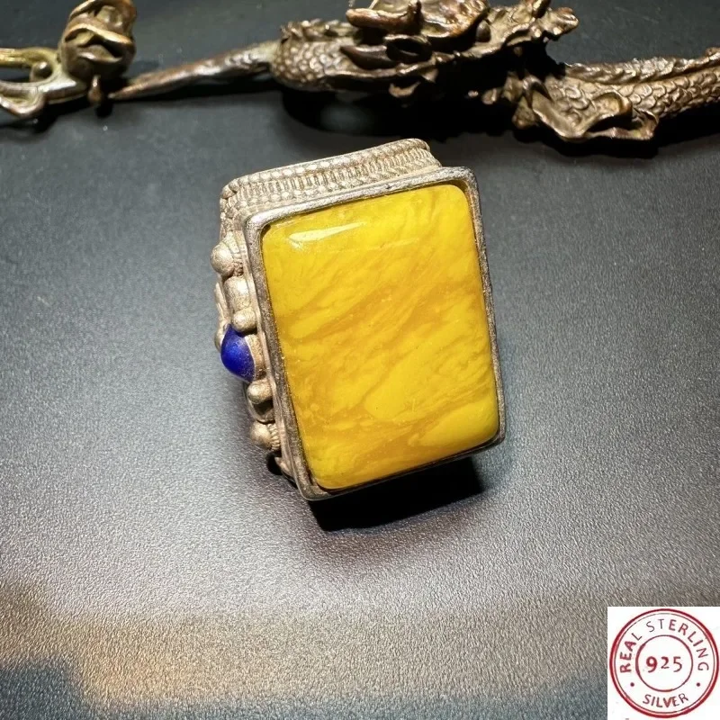 S925 Sterling Silver Vintage Beeswax Inlaid Double Blessing Ring, Square Enamel Open Band, Retro Silver Jewelry
