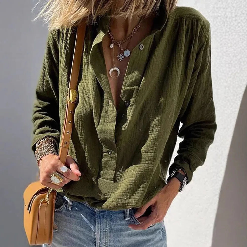 

Women's Long Sleeve Shirts Cotton Linen Solid Color Retro Button Top Shirt Camisas E Blusas Рубашки Женские Женская Одежда
