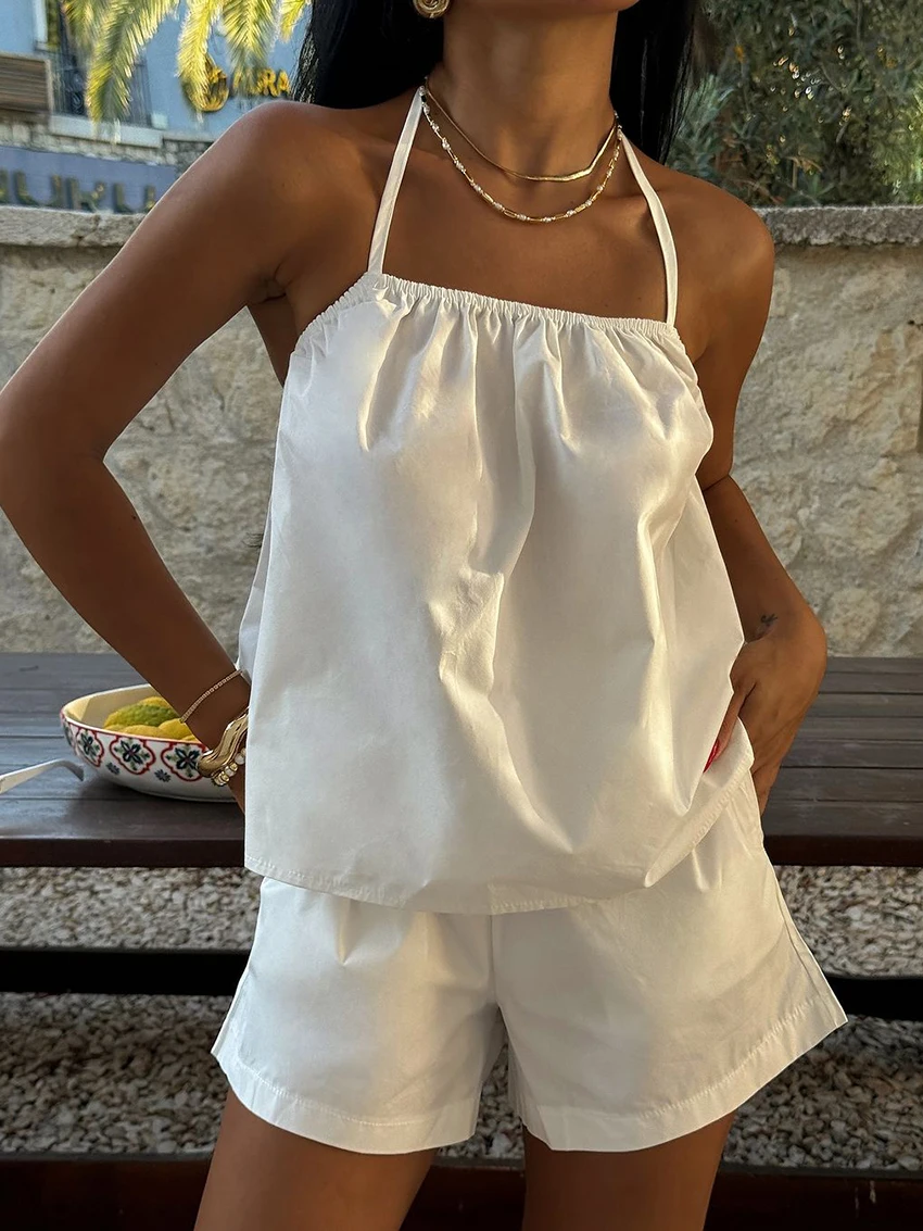 Marthaqiqi Cotton Femme Sleepwear Set Backless Pajama Sexy Spaghetti Strap Nightgown Lace Up Nightie Shorts Women Nightwear Suit