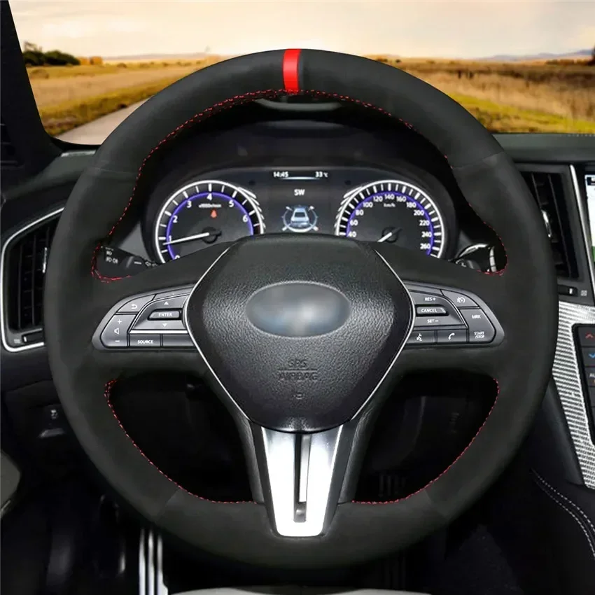 Black Artificial Suede Steering Wheel Cover Case for Infiniti Q50 2017-2019 Q60 2015-2019 QX50 2018-2019