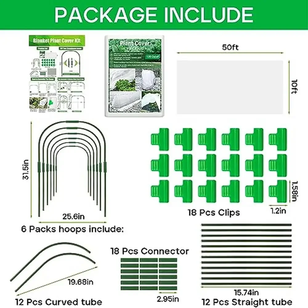 Garden Frost Cloth Plant Covers Kit with Garden Hoops & Clips 10ft x 50ft Non-Woven Fabric Freeze Protection Weather-Resistant