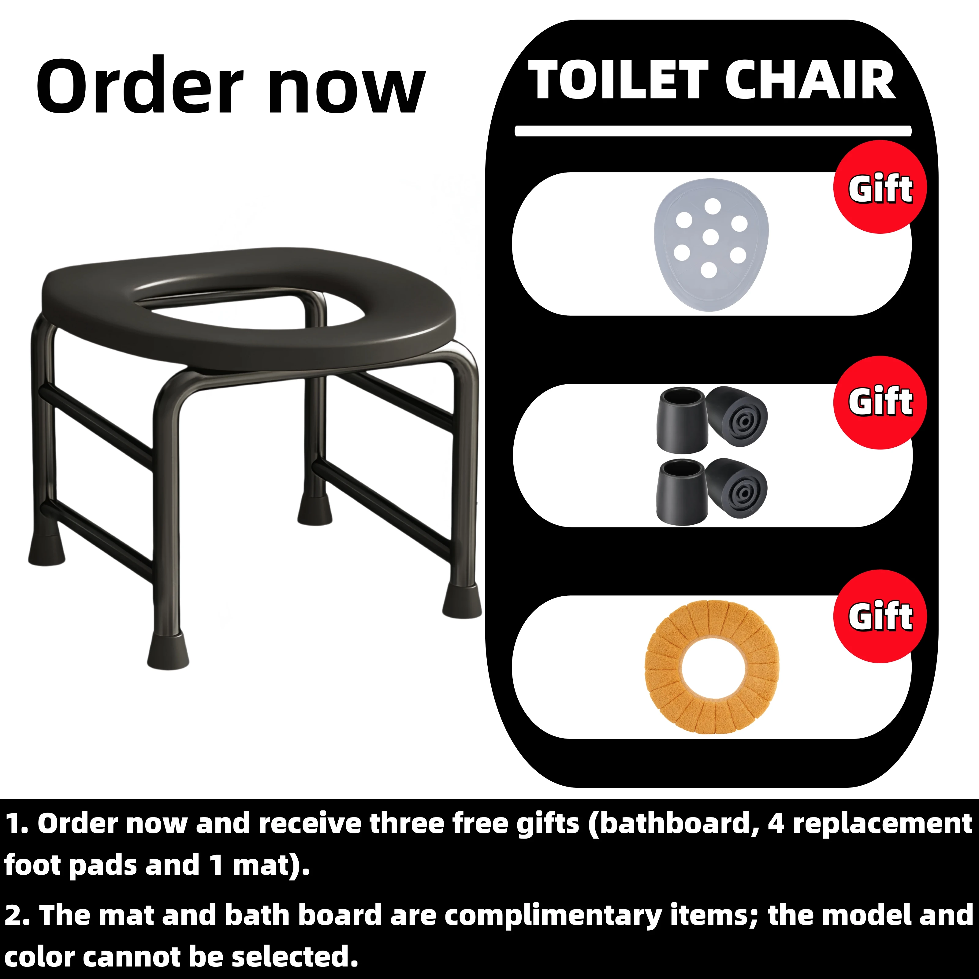 Fester Nachttisch-Toilettenstuhl, rutschfester Toilettenstuhl aus Kohlenstoffstahl, inklusive rutschfester Matte, Fußauflage und Badebrett