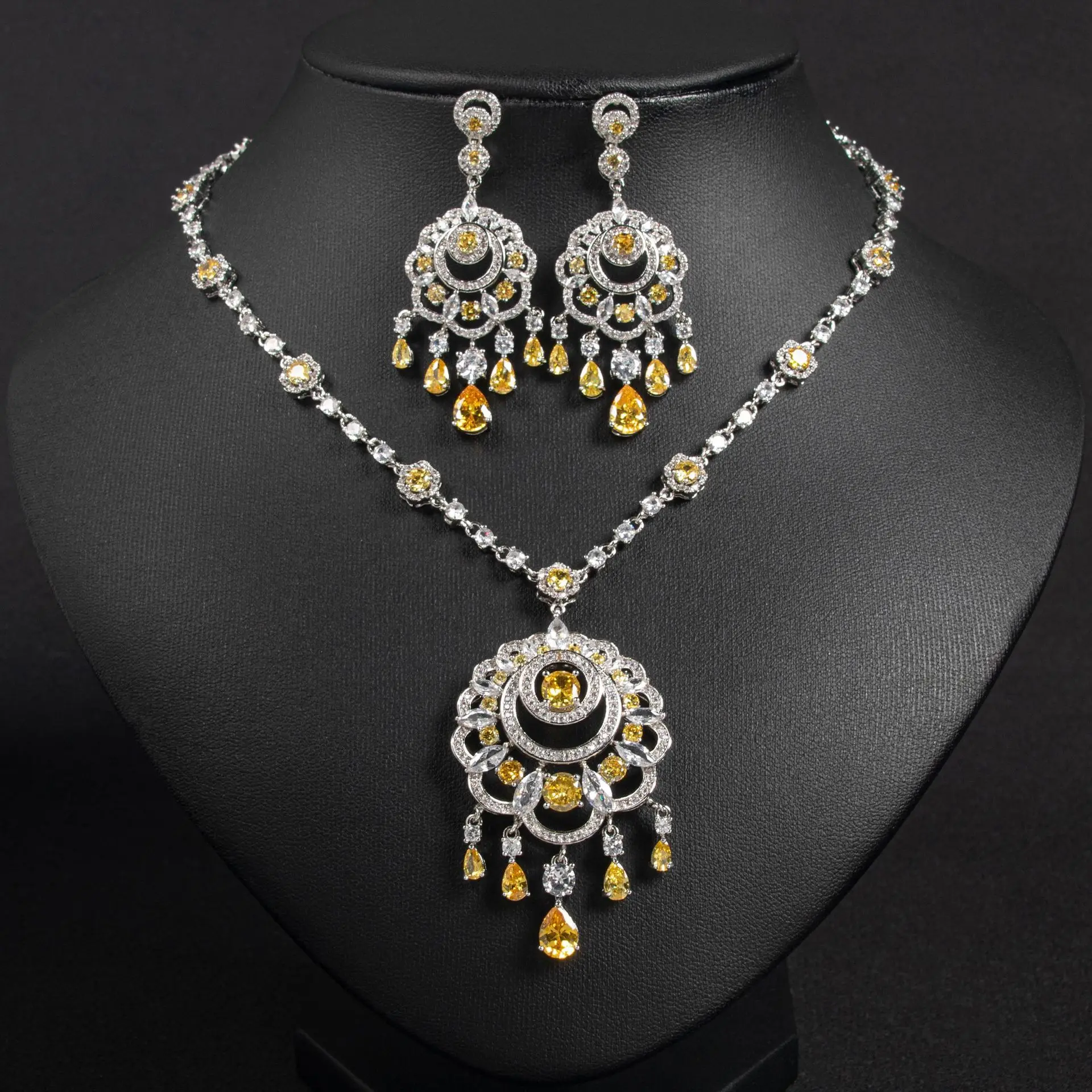 

European, American and Bohemian ethnic wind fringed water drop pendant necklace noble full diamond zircon earrings jewelry two-p