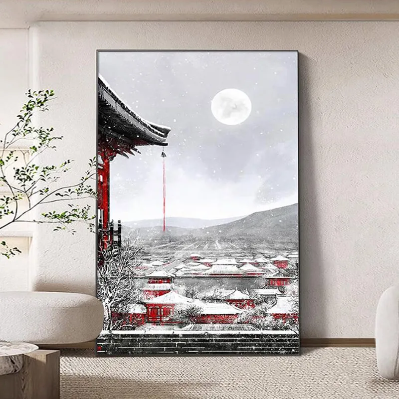 Serene Snowy Temple Kunstdruck – verträumte Nachtszenen-Wanddekoration für Wohnzimmer und Schlafzimmer, hochwertiges gedrucktes Poster, ungerahmtes El