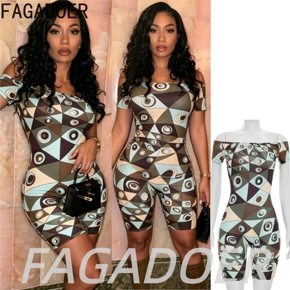 

FAGADOER Retro Abstract Print Bodycon Romper Women Fashion Off Shoulder Patchwork Skinny Jumpsuits Hot Streetwear Club Playsuits