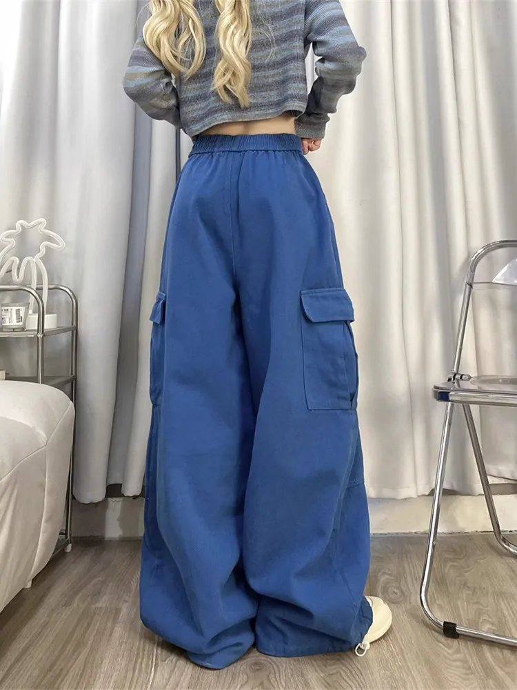 2023 Korean Y2K Fashion Drawstring Casual Baggy Cargo Jeans Pants Women Clothing Straight Wide Leg Sweatpants Female Trousers