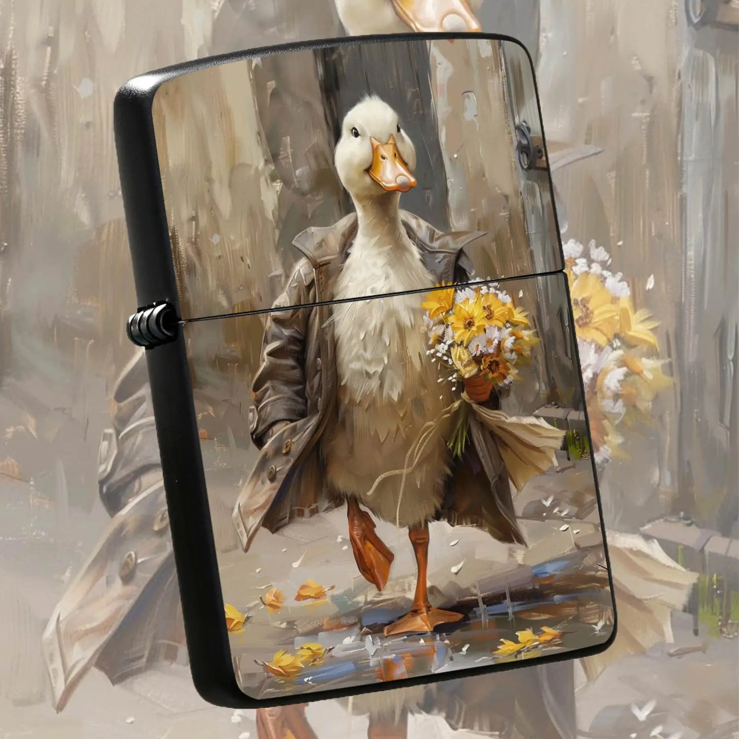 Vintage Oil Painting Style Lighter with Cute Anthropomorphic Duck Holding Bouquet Pattern, Creative Artistic Portable Igniter, Ideal for Daily Use, Dating, Gifting Scenarios, Unique Fun Present for Friends and Art Lovers A Humorous And Int