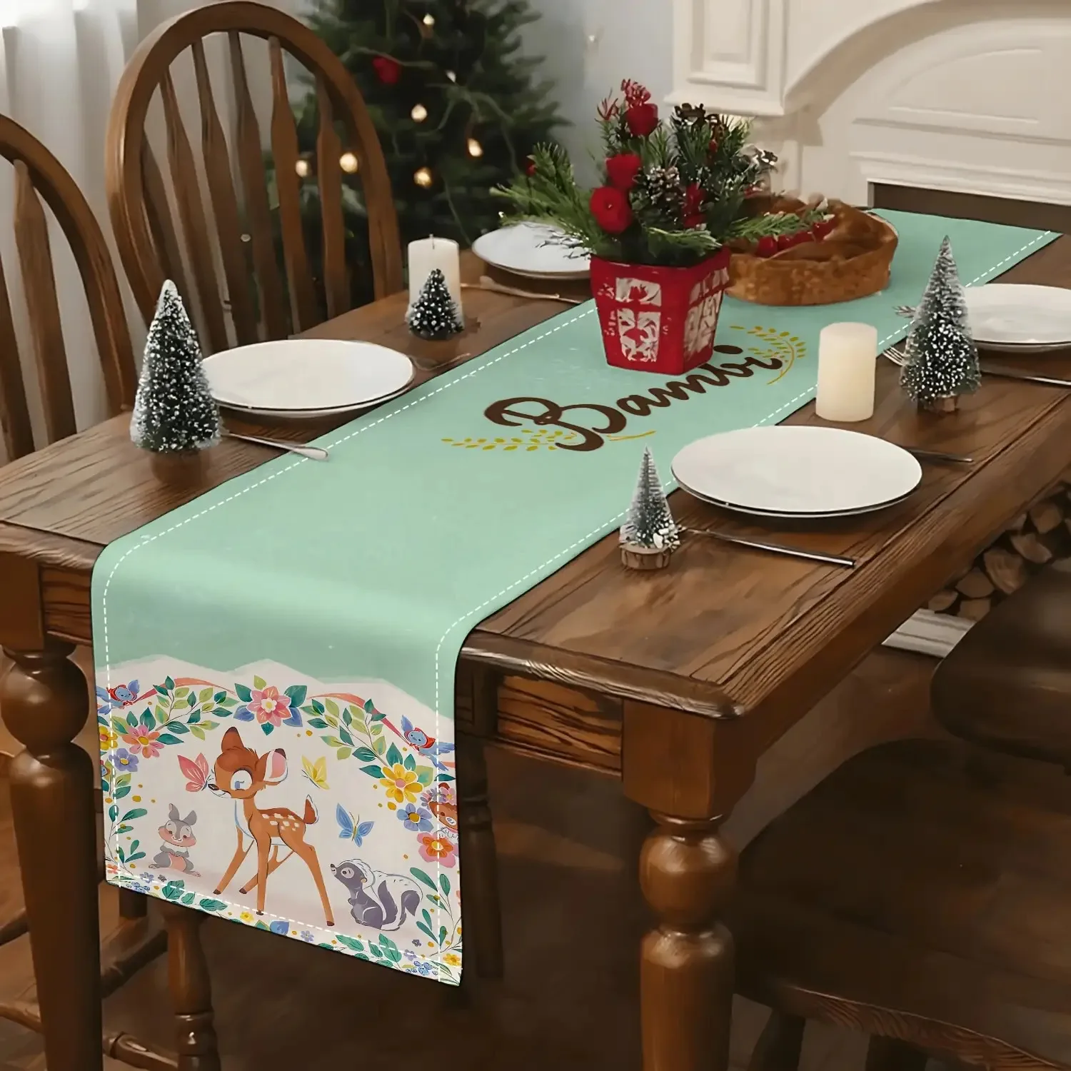 1 Piece Christmas Disney Bambi Floral Country Table Runner, Suitable for Indoor and Outdoor Family Gatherings, Kitchen and Dining Room Decoration, Entryway or Living Room Coffee Table Use in Autumn