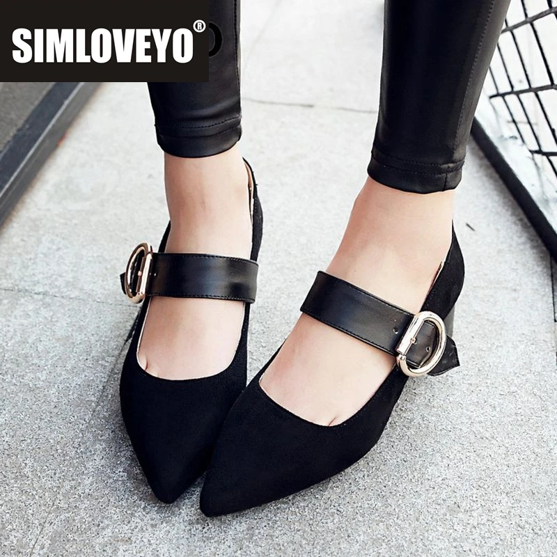 SIMLOVEYO Trendy Ladies Footwear Pointed Toe Chunk Heel 6 cm Multitone Fastener Band Work Ladies Footwear Extra Sizes 41 42 43
