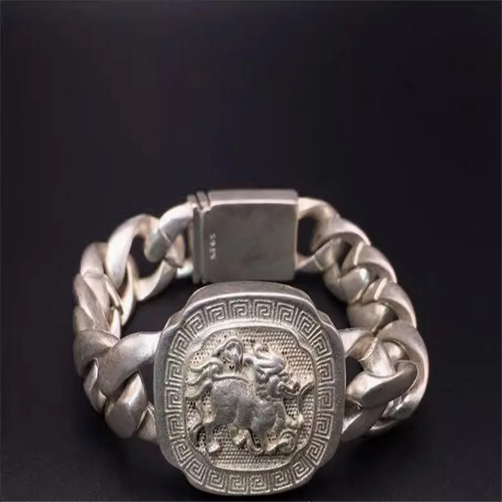 Ethnic style old silver Nepal retro hollow pattern Tibetan silver Kirin bracelet men's style domineering fashion silver