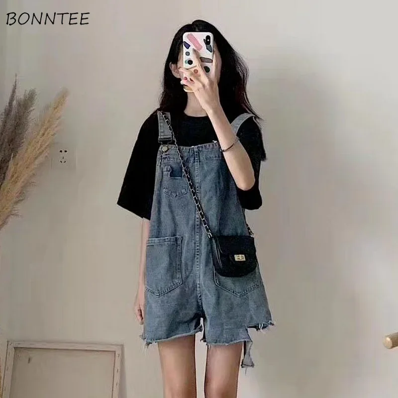 Playsuits Women Denim Summer Loose Harajuku Hole Vintage All-match Designed Short Wide Leg Lovely Students Suspenders Fashion