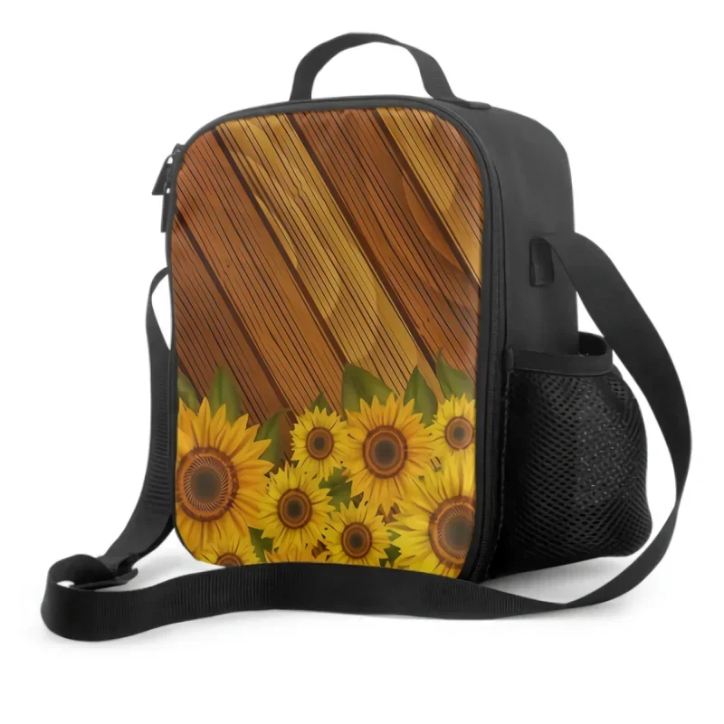 Sunflowers And Leaves On Wooden Board Insulating Thermal Lunch Bags Washable Tote Crossbody Lunch Container for School Travel