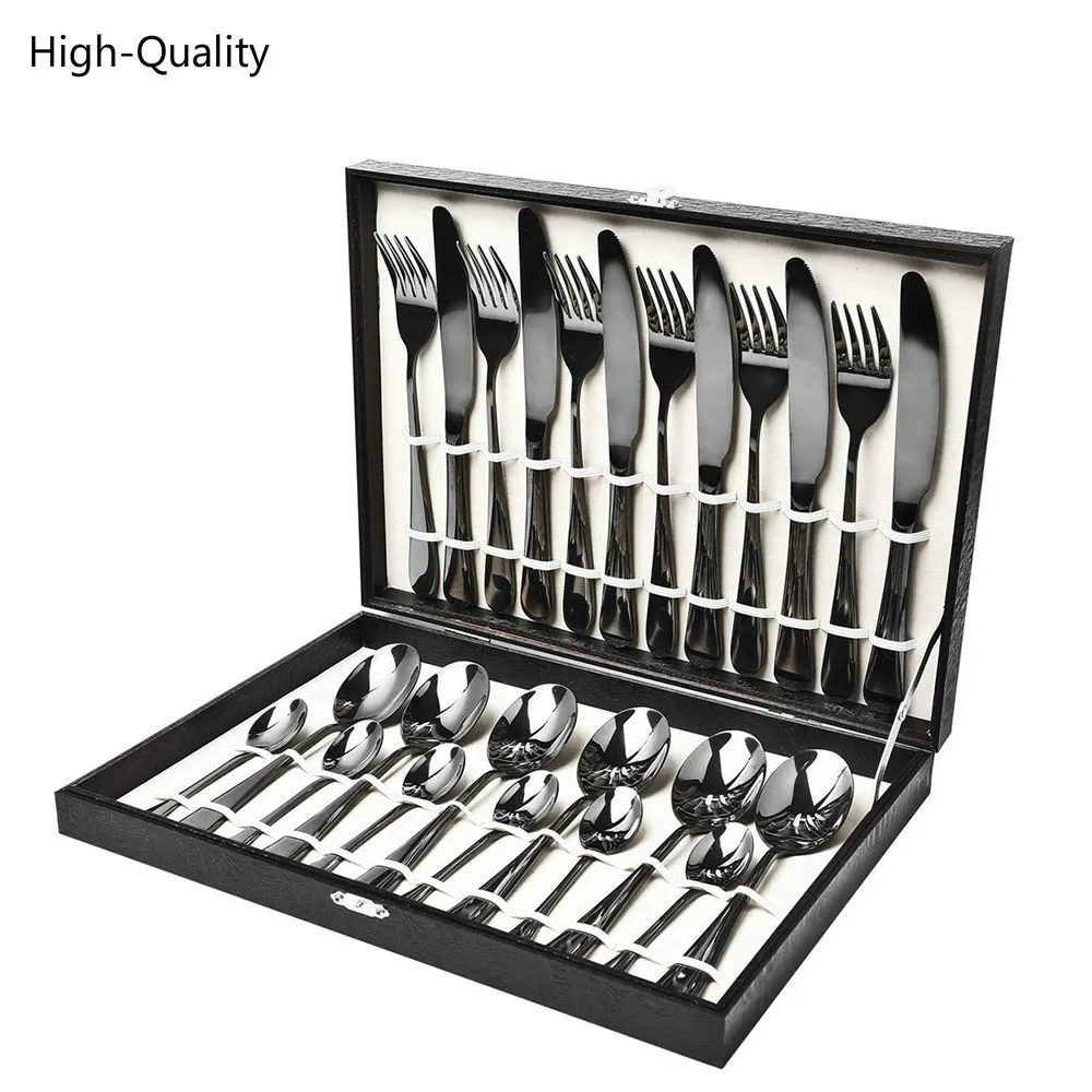 HQ 24PCS Dinnerware Set Black Gold Stainless Steel Flatware Sets Tableware Cutlery Spoon Set Party Supplies Kitchen Wood Gift