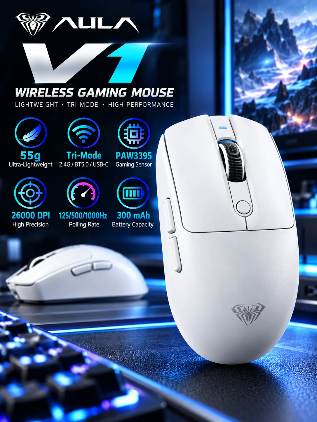 AULA V1 Wireless Gaming Mouse PAW3395 26000DPI Tri Mode 2.4G Bluetooth USB-C 55g Ergonomic RGB Mouse