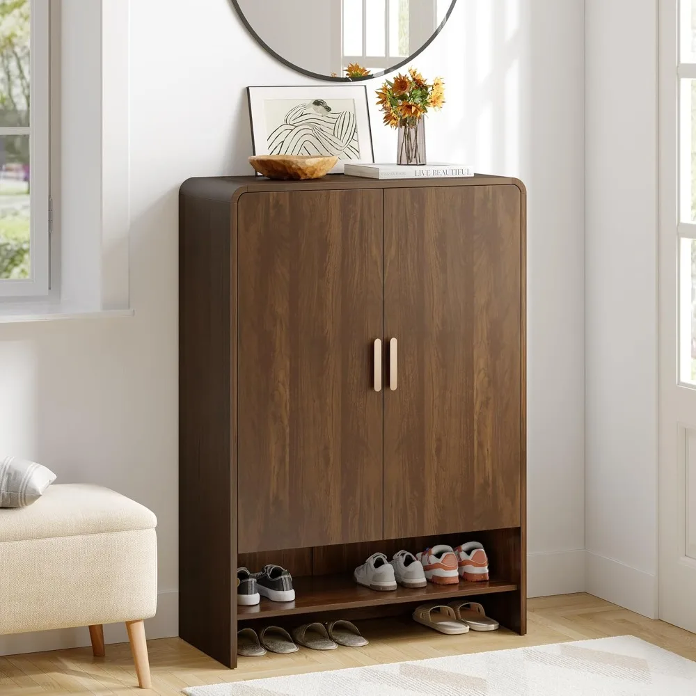 خزانة تخزين الأحذية الكبيرة ذات 6 طبقات على طراز المزرعة مع أبواب للمدخل - منظم رف الأحذية الخشبي الحديث