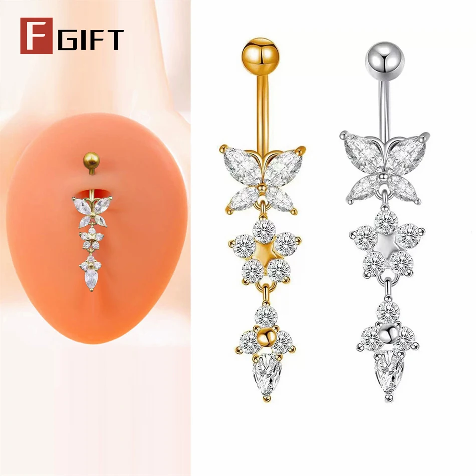 CZ Zircon Butterfly Dangle Belly Button Ring 14G