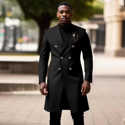 Fashion Double Breasted Long Blazer Men Suit 2 Piece High Street Peak Lapel Outfits Chic Casual Party Prom Wedding Set